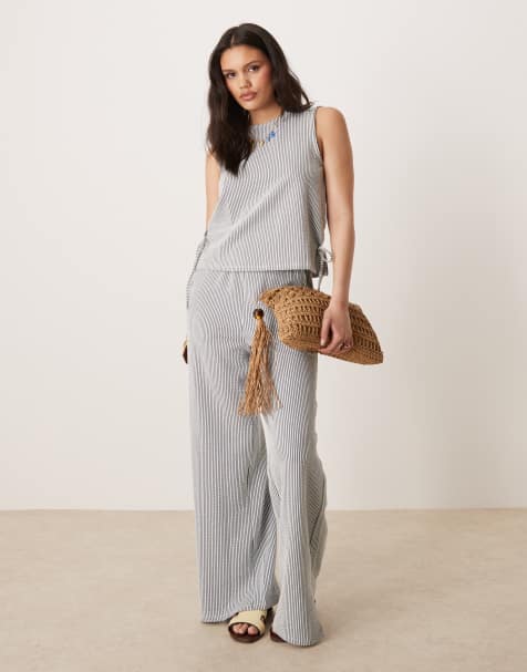 Vila textured stripe sleeveless tie side top and wide leg trousers set in black and cream - view 1