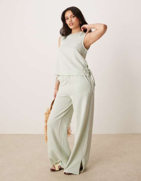 Vila textured stripe sleeveless tie side top and wide leg trousers set in green and cream - view 1