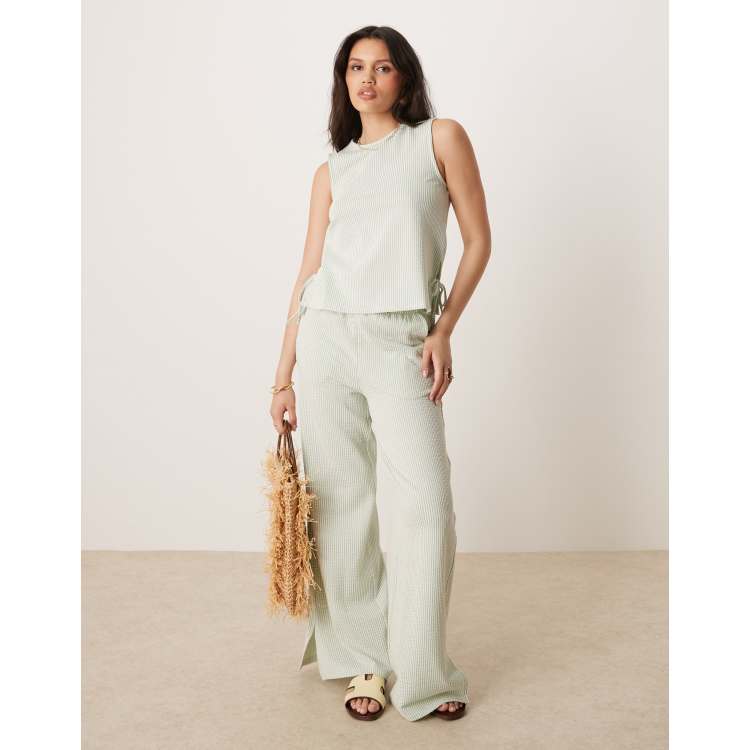 VILA textured stripe wide leg pants in green and cream