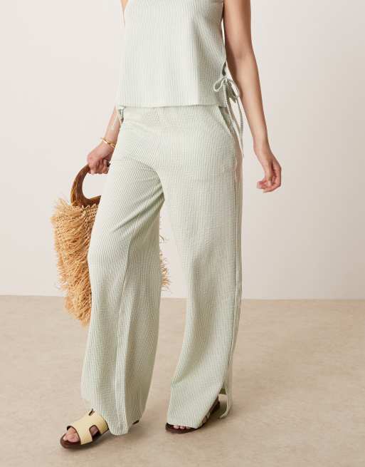 VILA textured stripe wide leg pants in green and cream - part of a set, 2 of 5