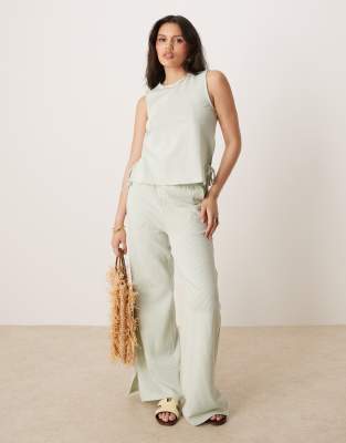 Vila Vila textured stripe wide leg trouser co-ord in green and cream