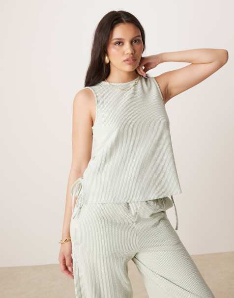 VILA textured striped sleeveless tie side top in green and cream - part of a set - view 1