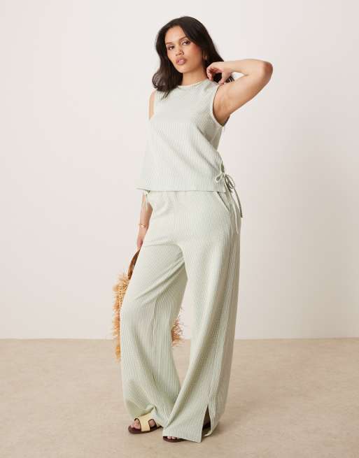VILA textured striped sleeveless tie side top in green and cream - part of a set, 2 of 4
