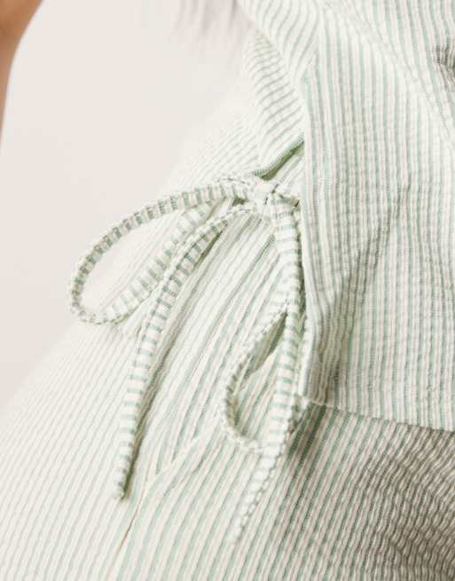 VILA textured striped sleeveless tie side top in green and cream - part of a set, 3 of 4