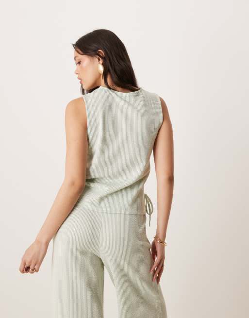 VILA textured striped sleeveless tie side top in green and cream - part of a set, 4 of 4