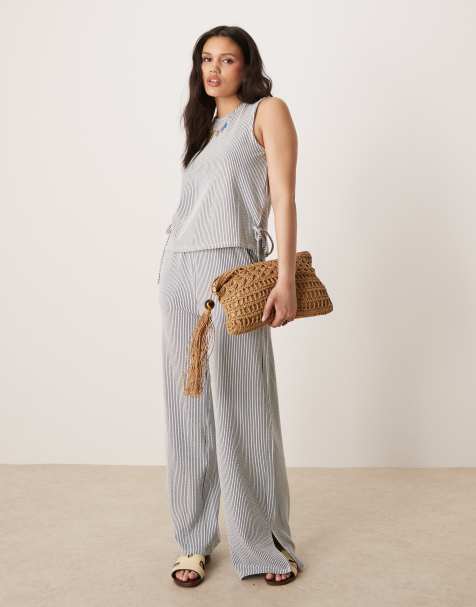 Vila textured striped wide leg pants in black and cream - part of a set - view 1