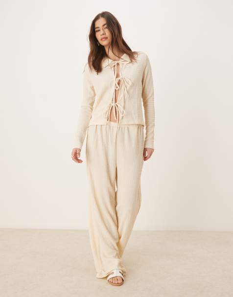VILA textured tie front top and pants set in cream - view 1