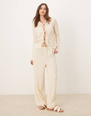 textured wide leg jersey pants in cream - part of a set-White