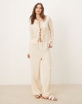 [Vila] VILA textured wide leg jersey pants in cream (part of a set)-White M Birch
