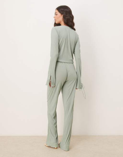 VILA textured wide leg jersey pants in milieu green - part of a set