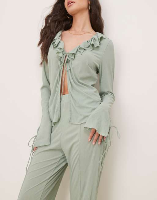 VILA textured wide leg jersey pants in milieu green - part of a set