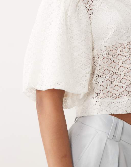 VILA textured woven puff sleeve top in white, 3 of 4