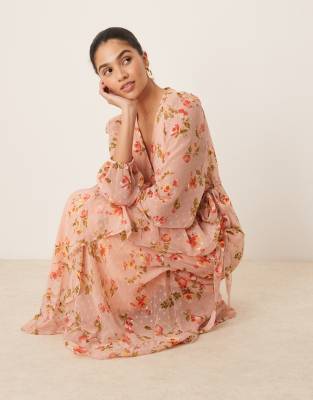 Vila Textured Wrap Maxi Dress With Frill Detail In Pink