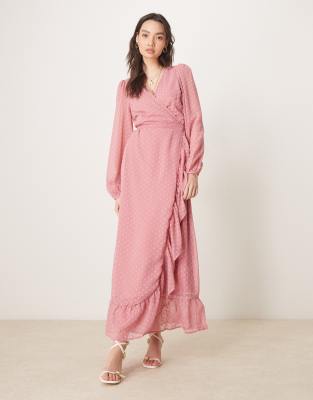 textured wrap maxi dress with frill detail in rose pink