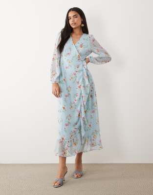 Vila Textured Wrap Maxi Dress With Frill Detailing In Blue