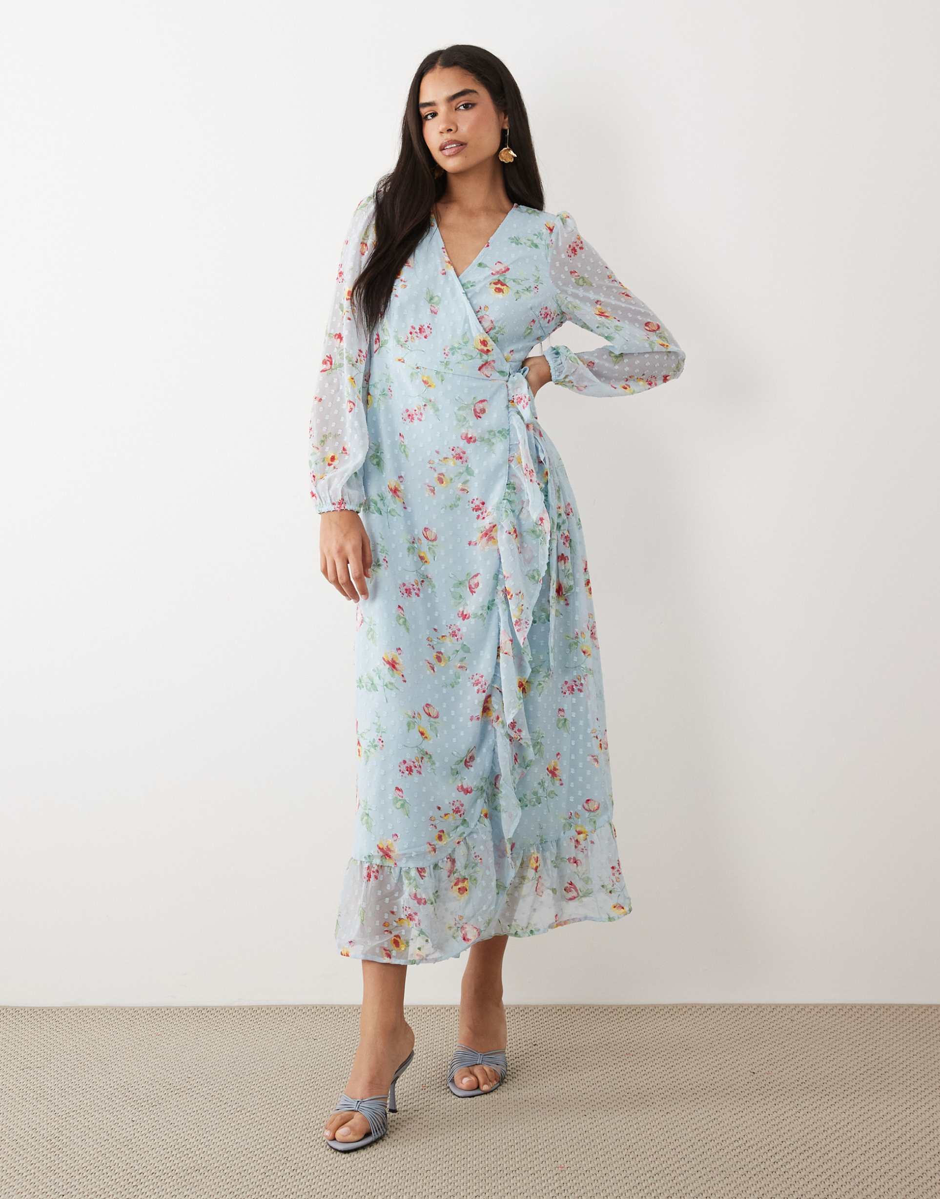 vila textured wrap maxi dress with frill detailing in light blue floral print