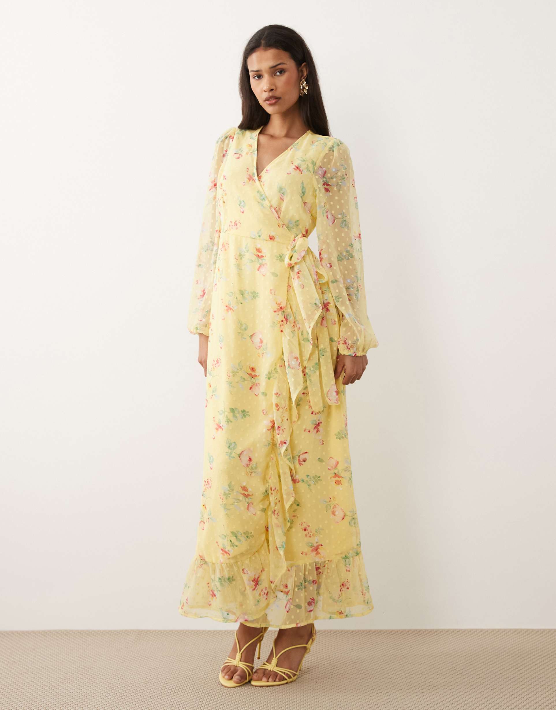 vila textured wrap maxi dress with frill detailing in pastel yellow floral print