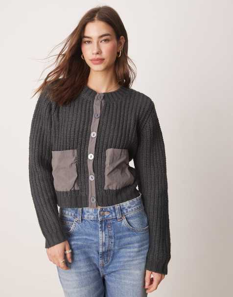 Vila thick rib cardigan with contrast pockets and placket detail in grey - view 1