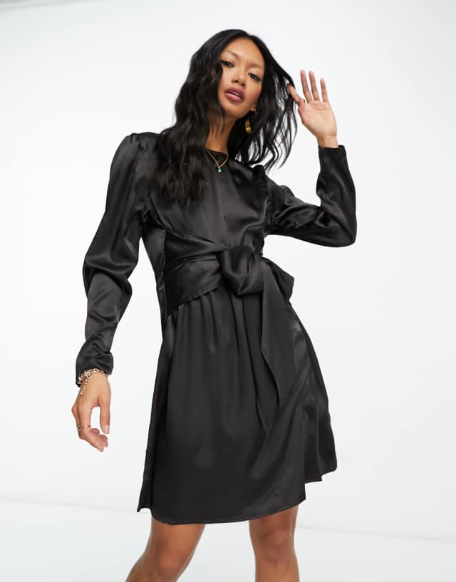 Vila tie detail satin mini dress in black