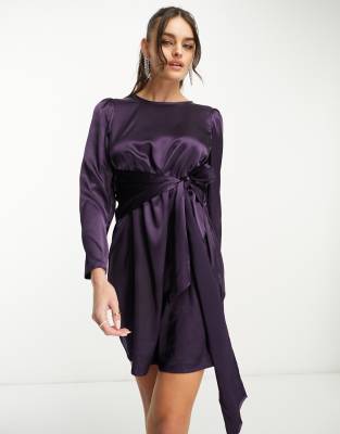 Vila tie detail satin mini dress in purple