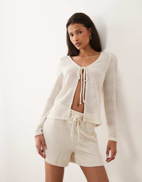 Vila tie front crochet cardigan co-ord in birch cream - view 1