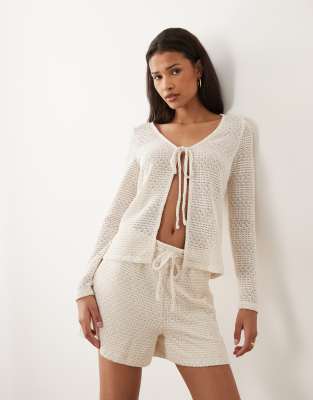 Vila Tie Front Crochet Cardigan In Gray