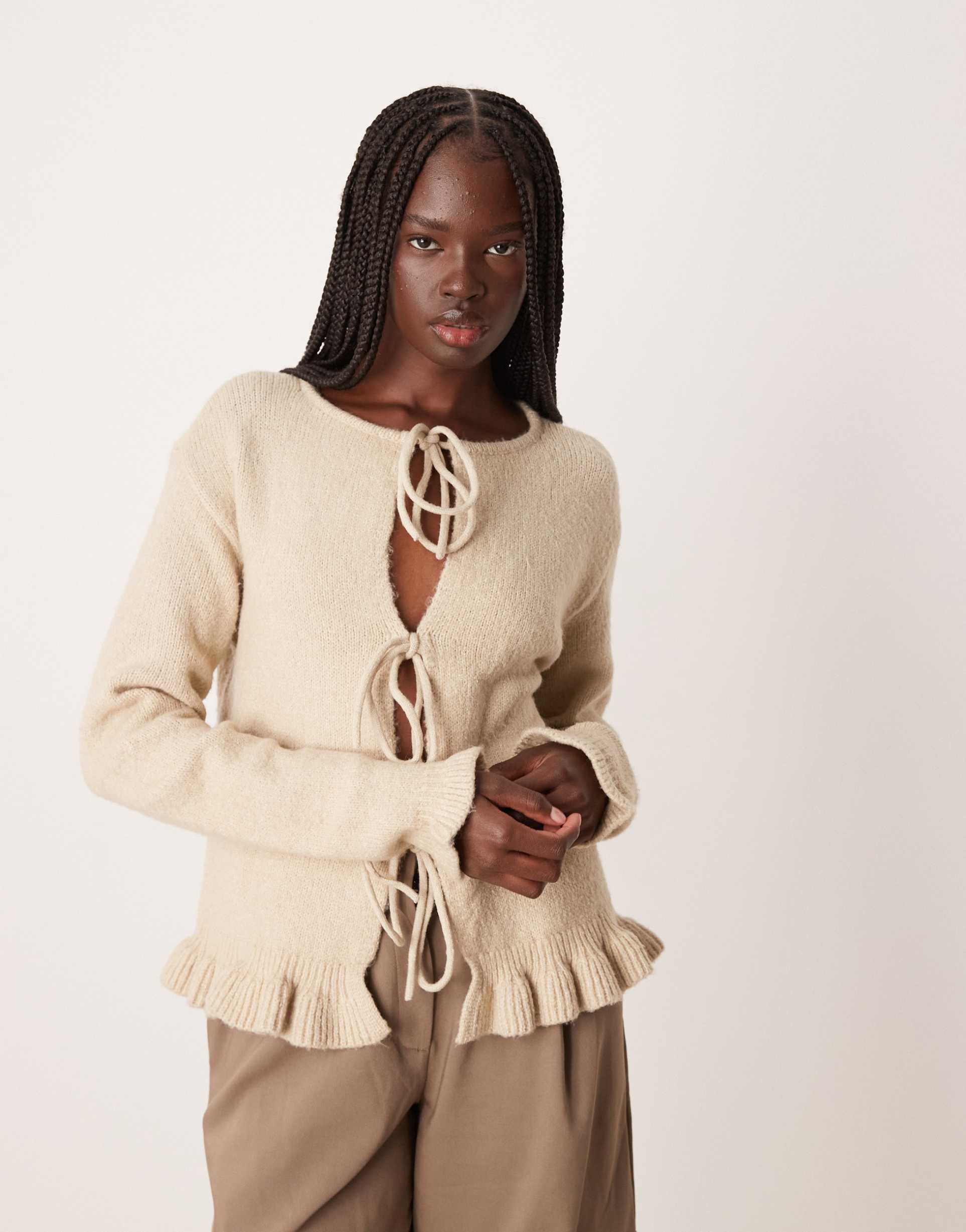 vila tie front frill trim knitted cardigan in feather gray