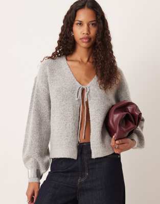 Vila Tie Front Knit Cardigan In Gray