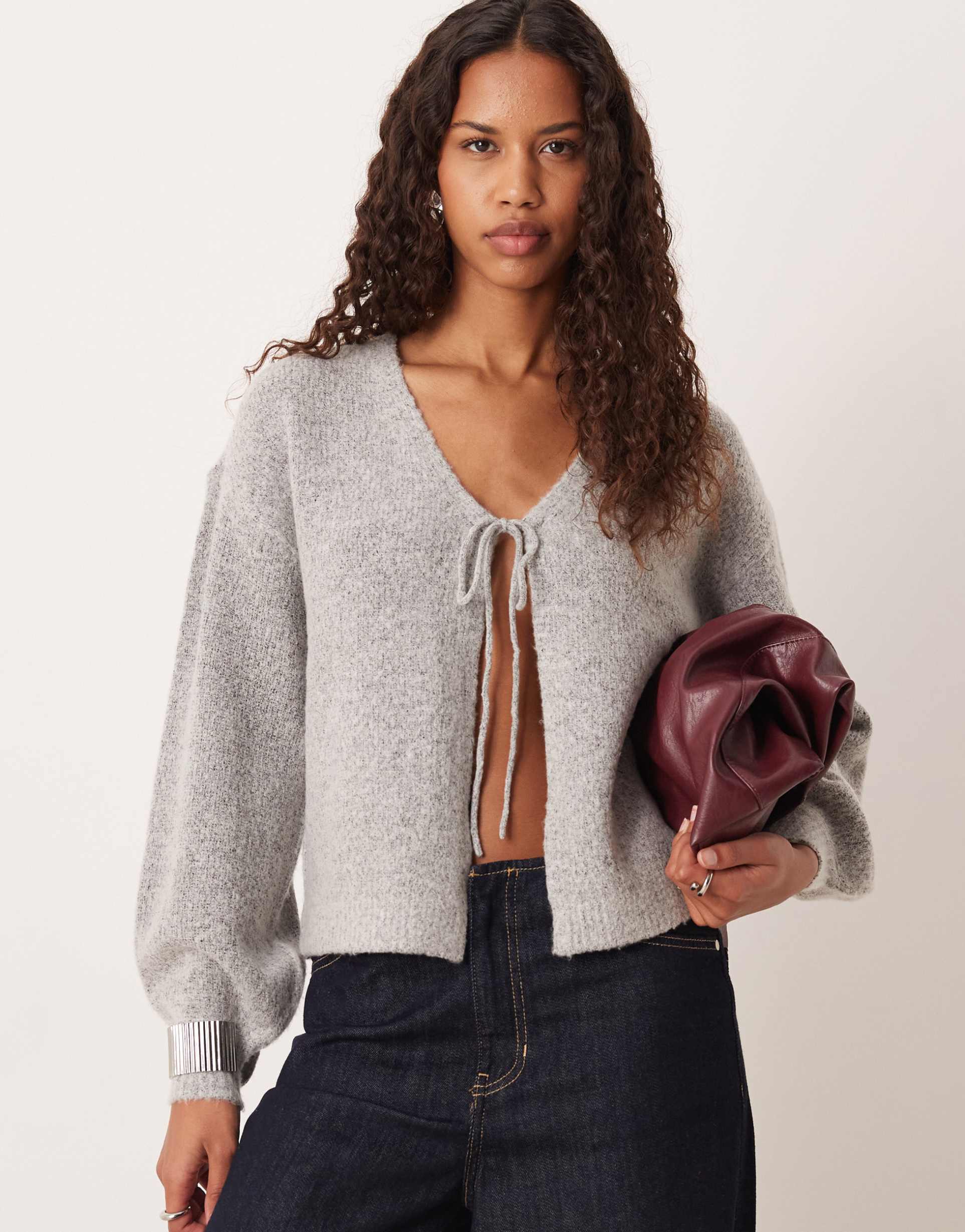 vila tie front knit cardigan in medium heather gray