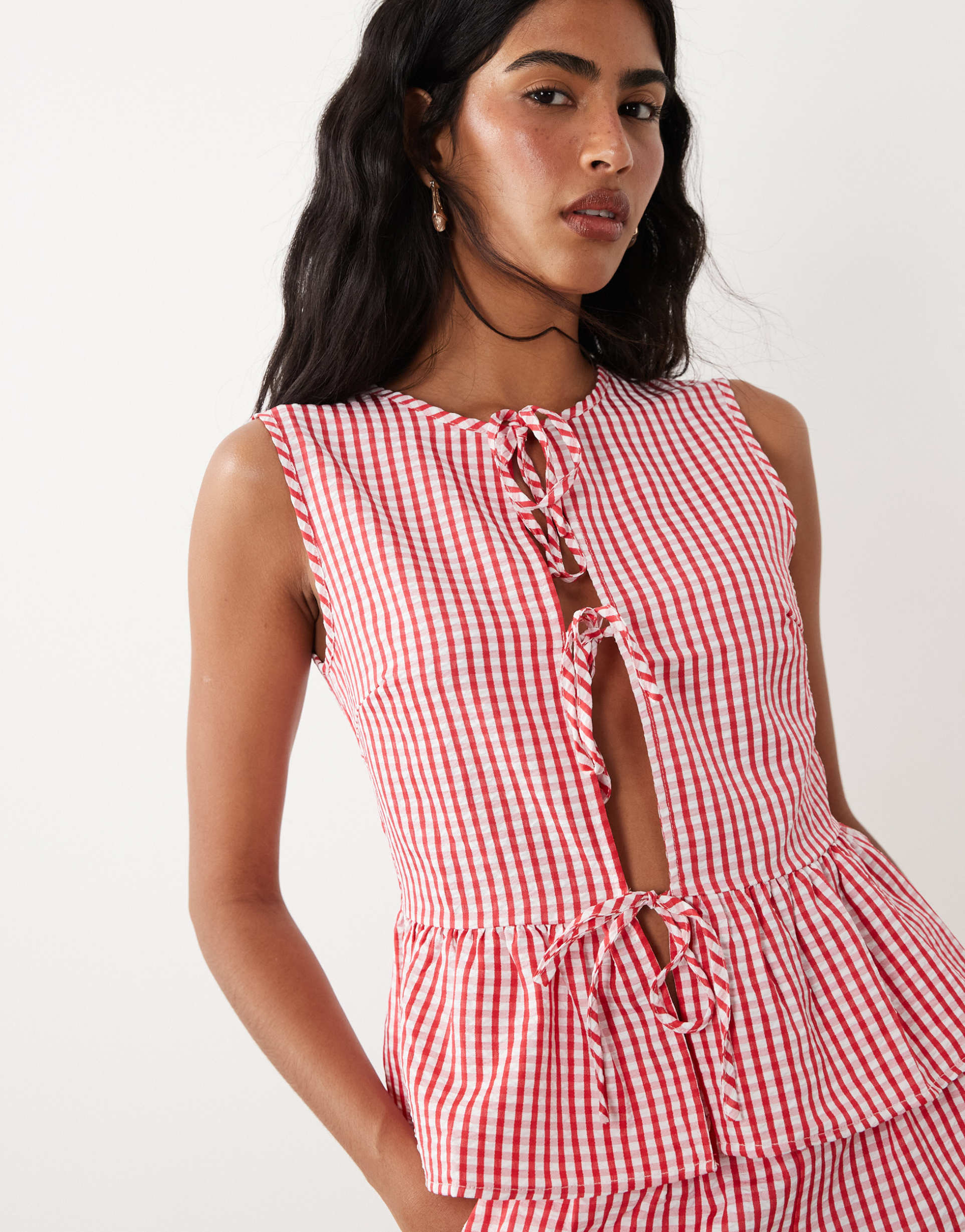 vila tie front peplum hem top in red and white gingham print - part of a set