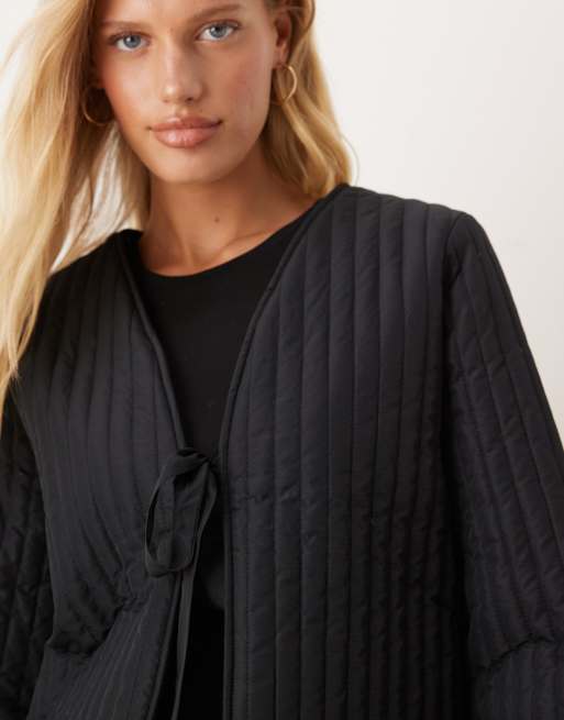 VILA tie front quilted jacket in black, 4 of 4