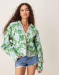 [Vila] VILA tie front quilted jacket in blue and green floral 40 Kentucky Blue Floral