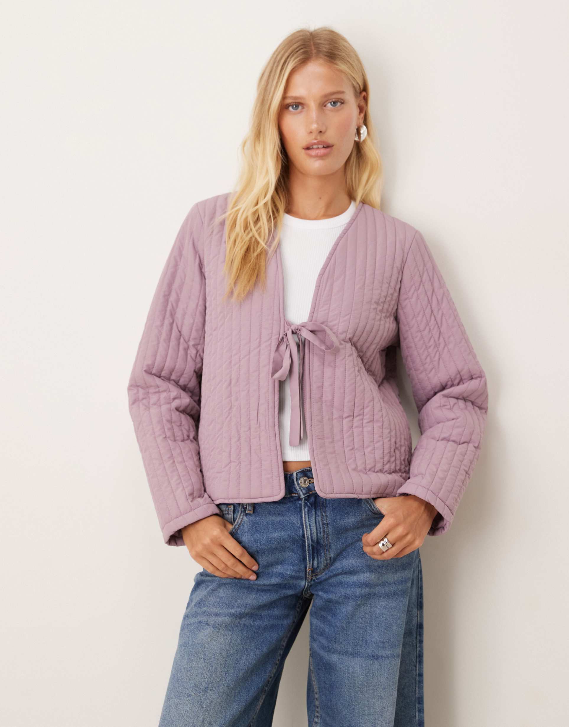 vila tie front quilted jacket in pale mauve