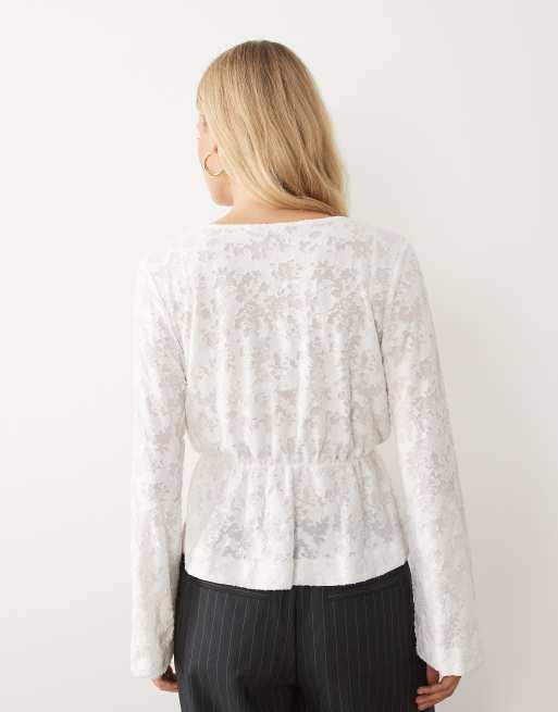 Vila tie front textured jacquard blouse in cream, 2 of 4