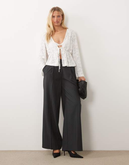 Vila tie front textured jacquard blouse in cream, 3 of 4