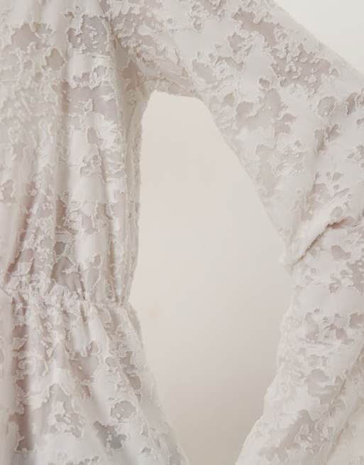 Vila tie front textured jacquard blouse in cream, 4 of 4
