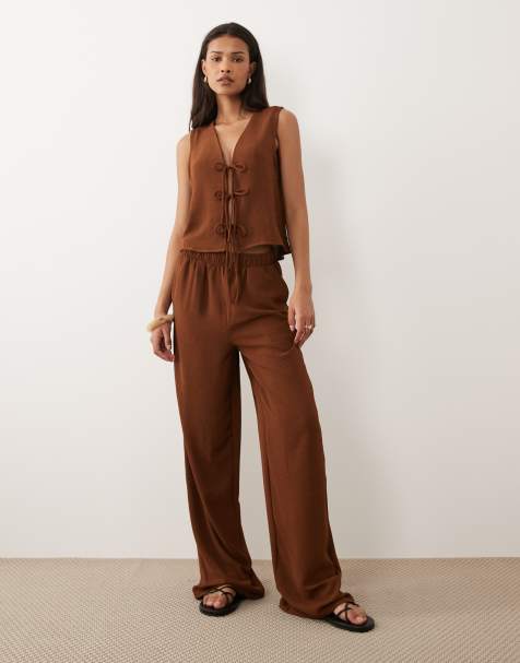 VILA tie front textured tank top and wide leg textured pants set in carafe brown - view 1