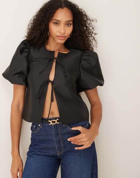 Vila tie front volume sleeve blouse in black - view 1