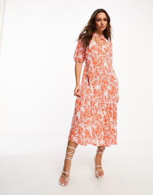 Vila Tie Neck Midi Tea Dress In Orange