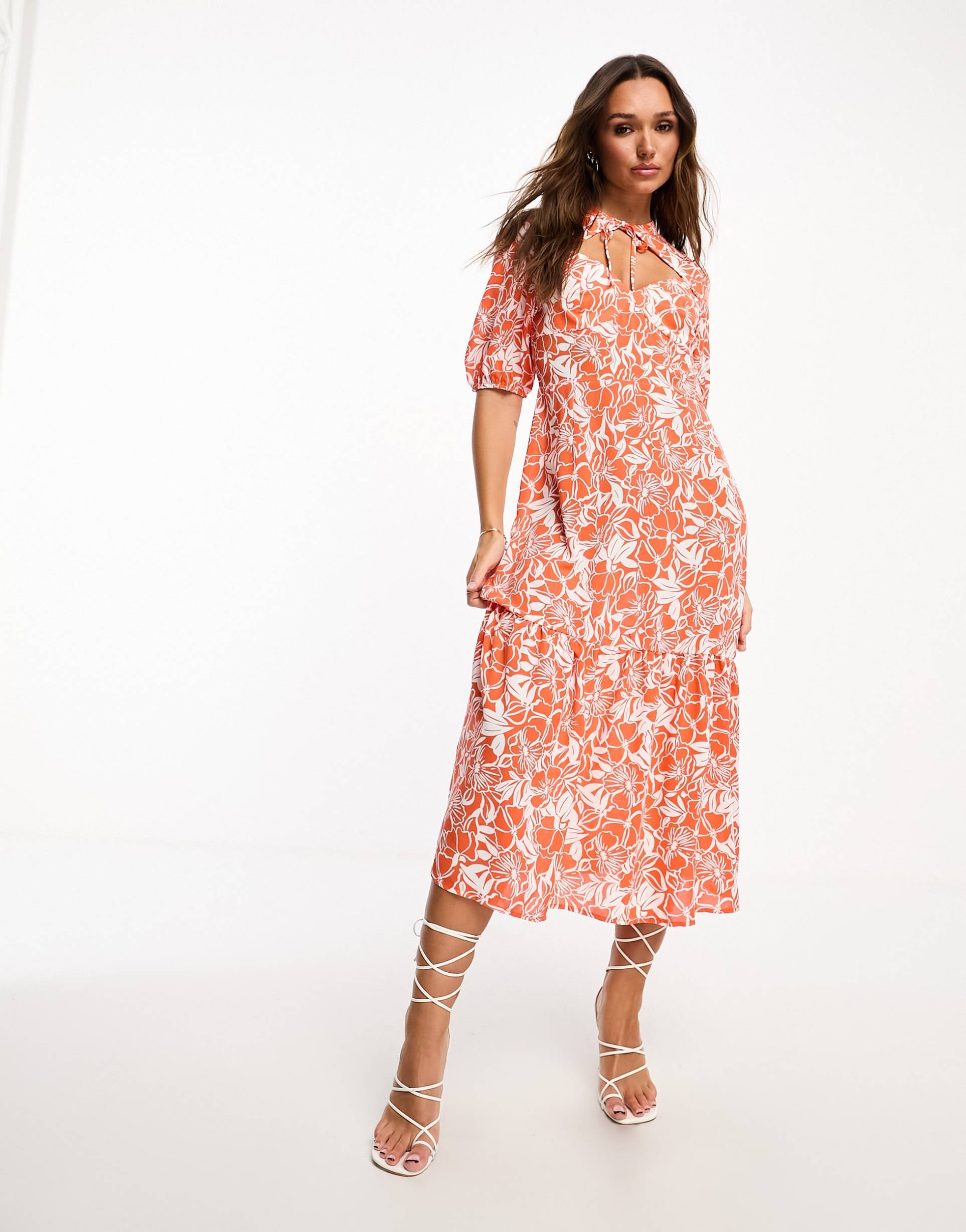 vila tie neck midi tea dress in orange floral print