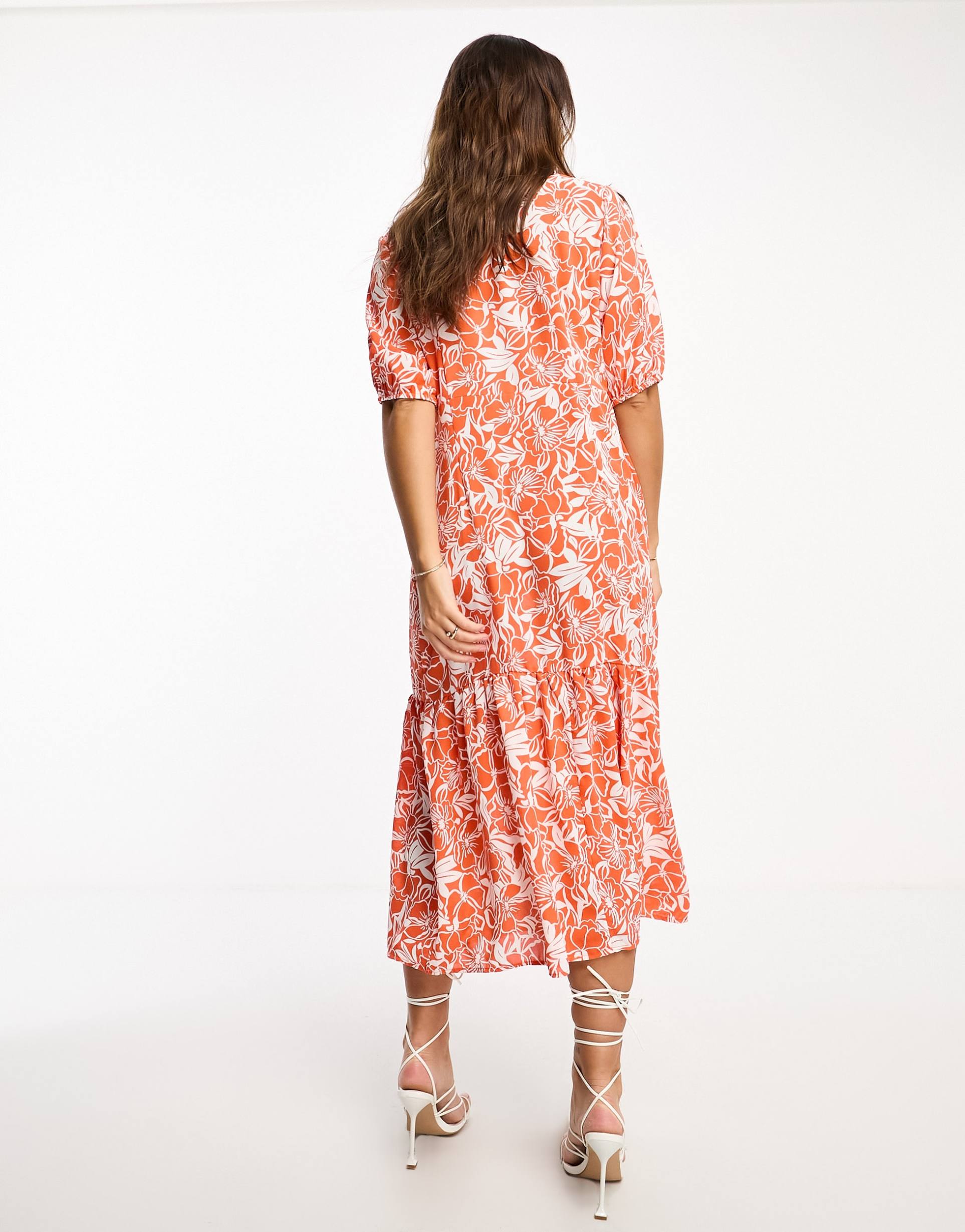 vila tie neck midi tea dress in orange floral print