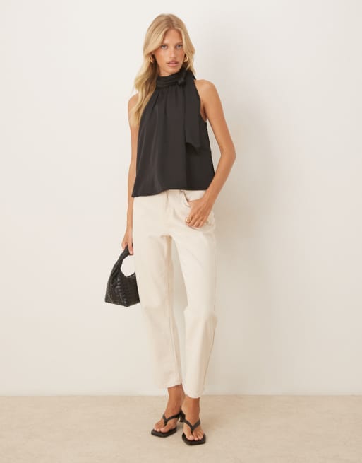 Vila tie neck satin sleeveless top in black, 2 of 4