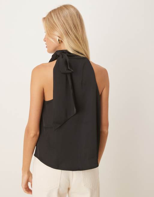 Vila tie neck satin sleeveless top in black, 4 of 4