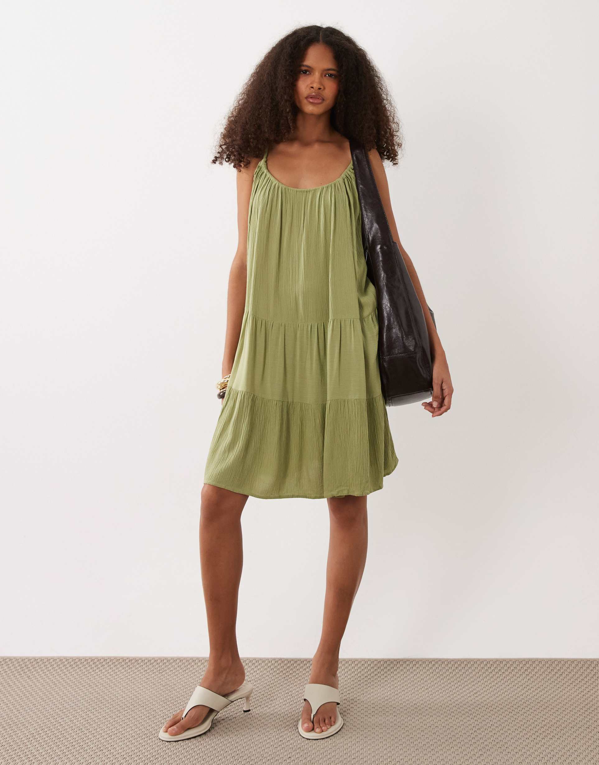 vila tie shoulder tiered cheesecloth cami mini dress in moss green