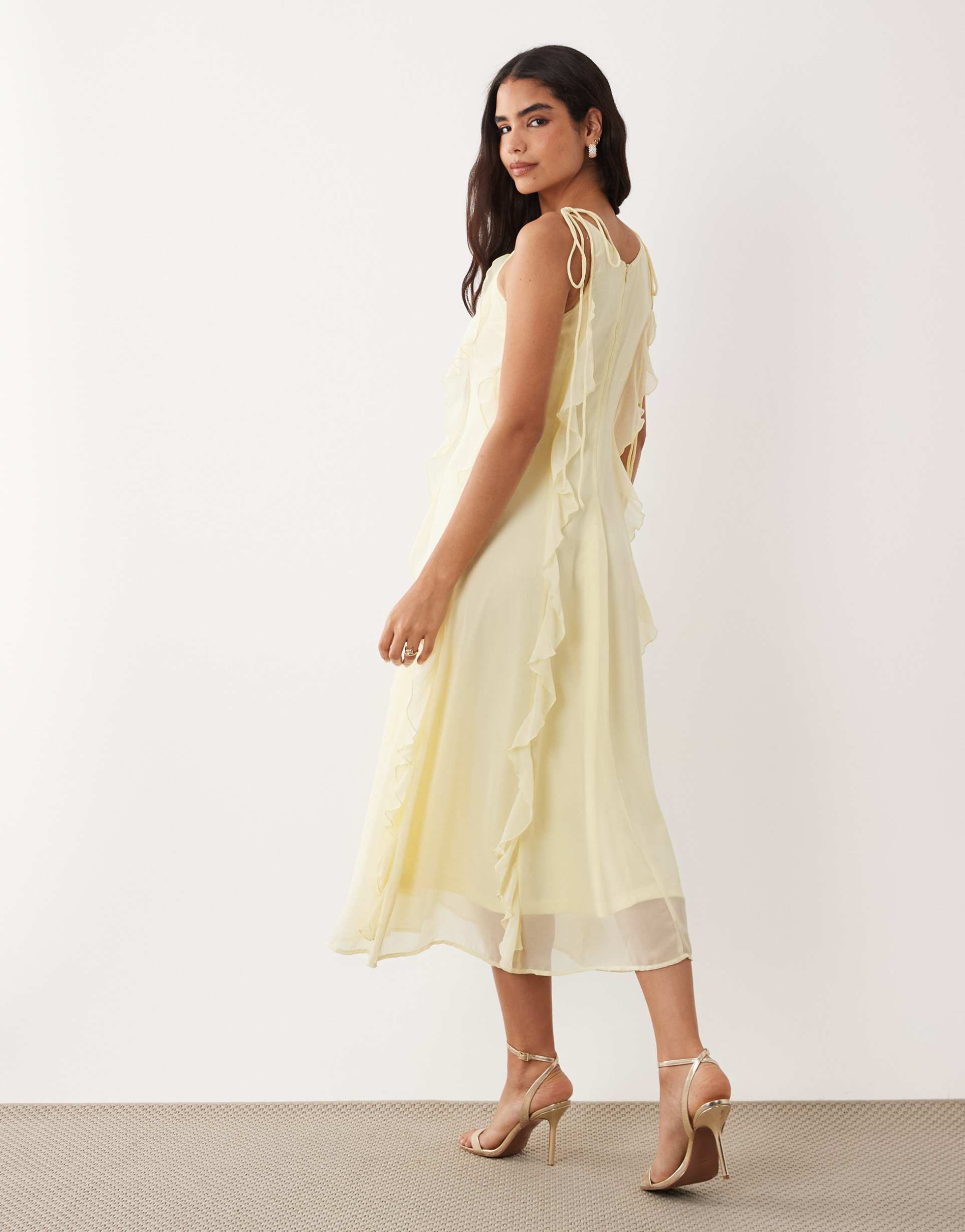 vila tie shoulders ruffle cami midaxi dress in pastel yellow