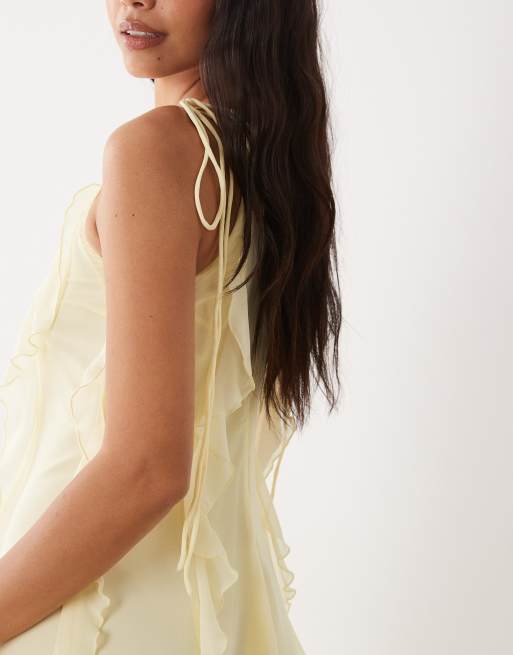 VILA tie shoulders ruffle cami midaxi dress in pastel yellow, 4 of 4