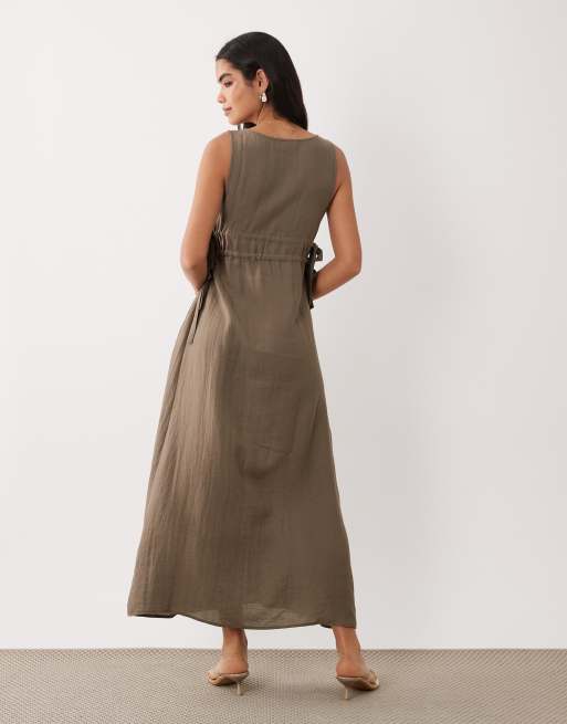 Vila tie side v neck maxi dress in cub brown, 3 of 4