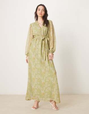 tie waist chiffon ankle dress in sage green floral