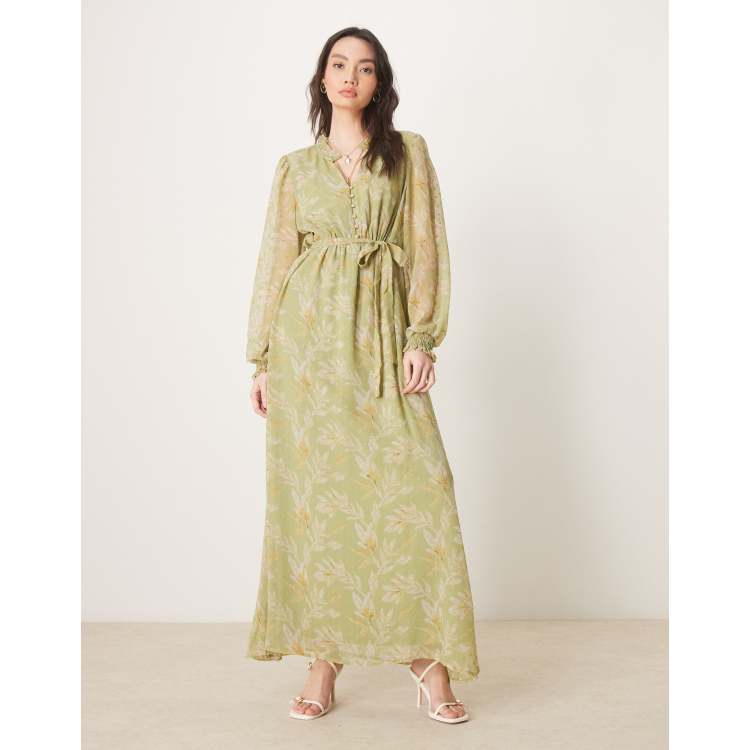 VILA tie waist chiffon ankle dress in sage green floral | ASOS