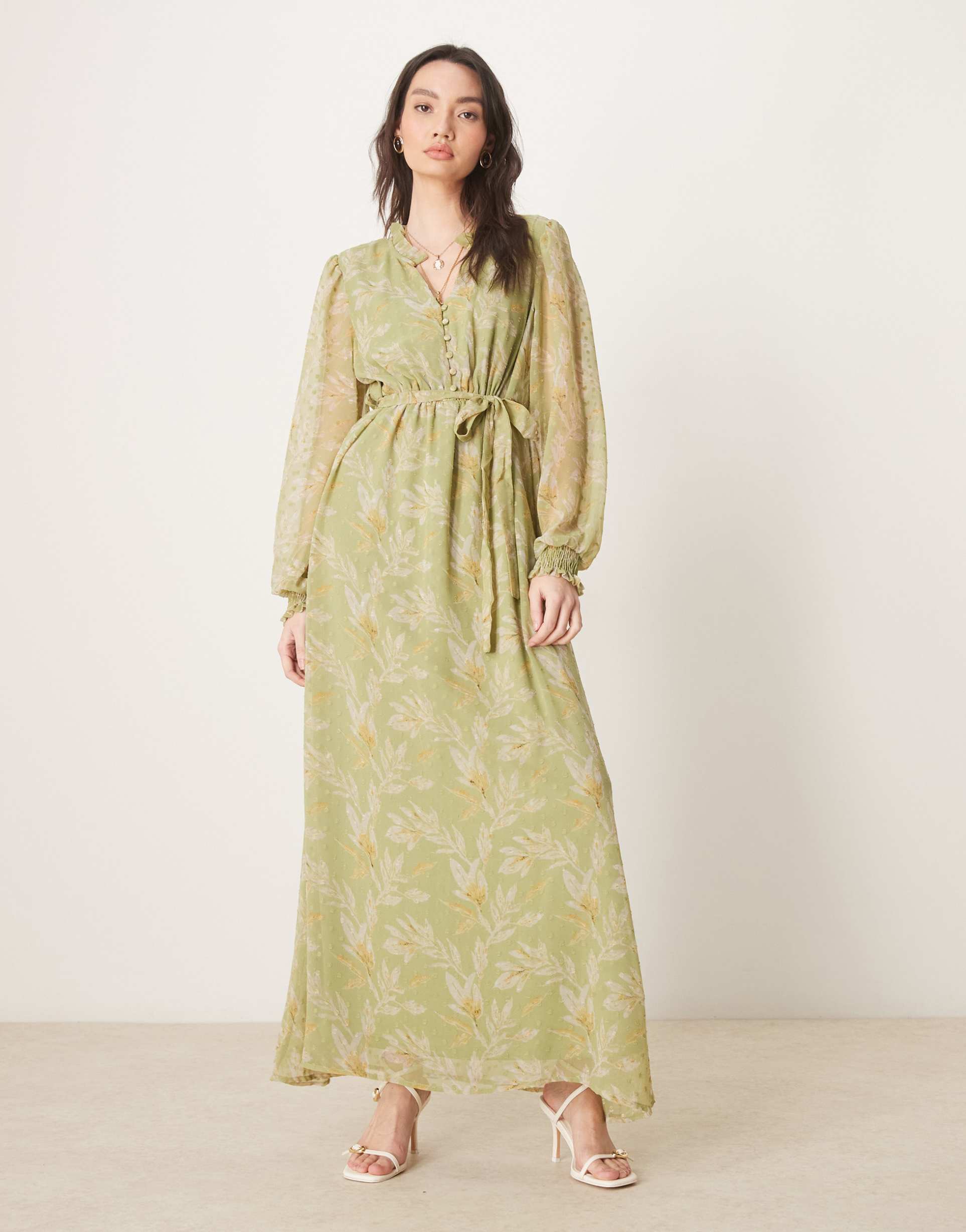 vila tie waist chiffon ankle dress in sage green floral